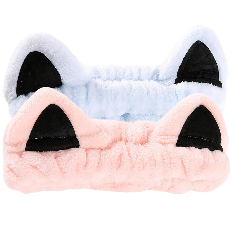 Waliah 2 Pcs Cat Ears Headband, Cute Spa Headbands for Washing Face Skincare Makeup Headbands for Women Girls Trendy Stuff Present Soft Coral Fleece Hair Accessories(Light Blue + Pink) - Image 1